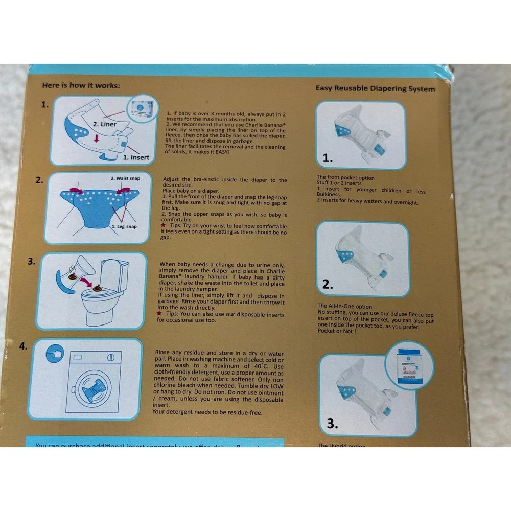 Charlie Banana 5 Cloth Diapers One Size + 5 Inserts Multi Color Reusable Set